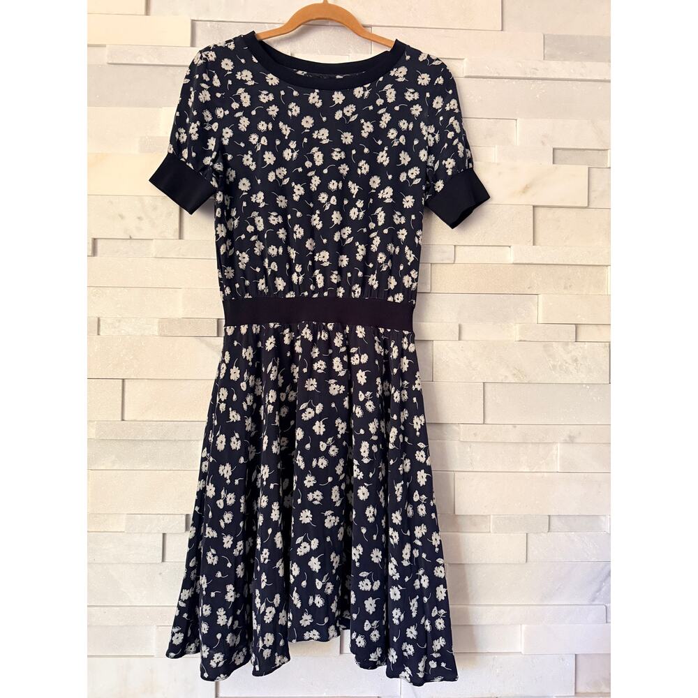 THEORY 100% Silk Floral Print Crewneck Puff Sleeves Dress S Navy White Preppy